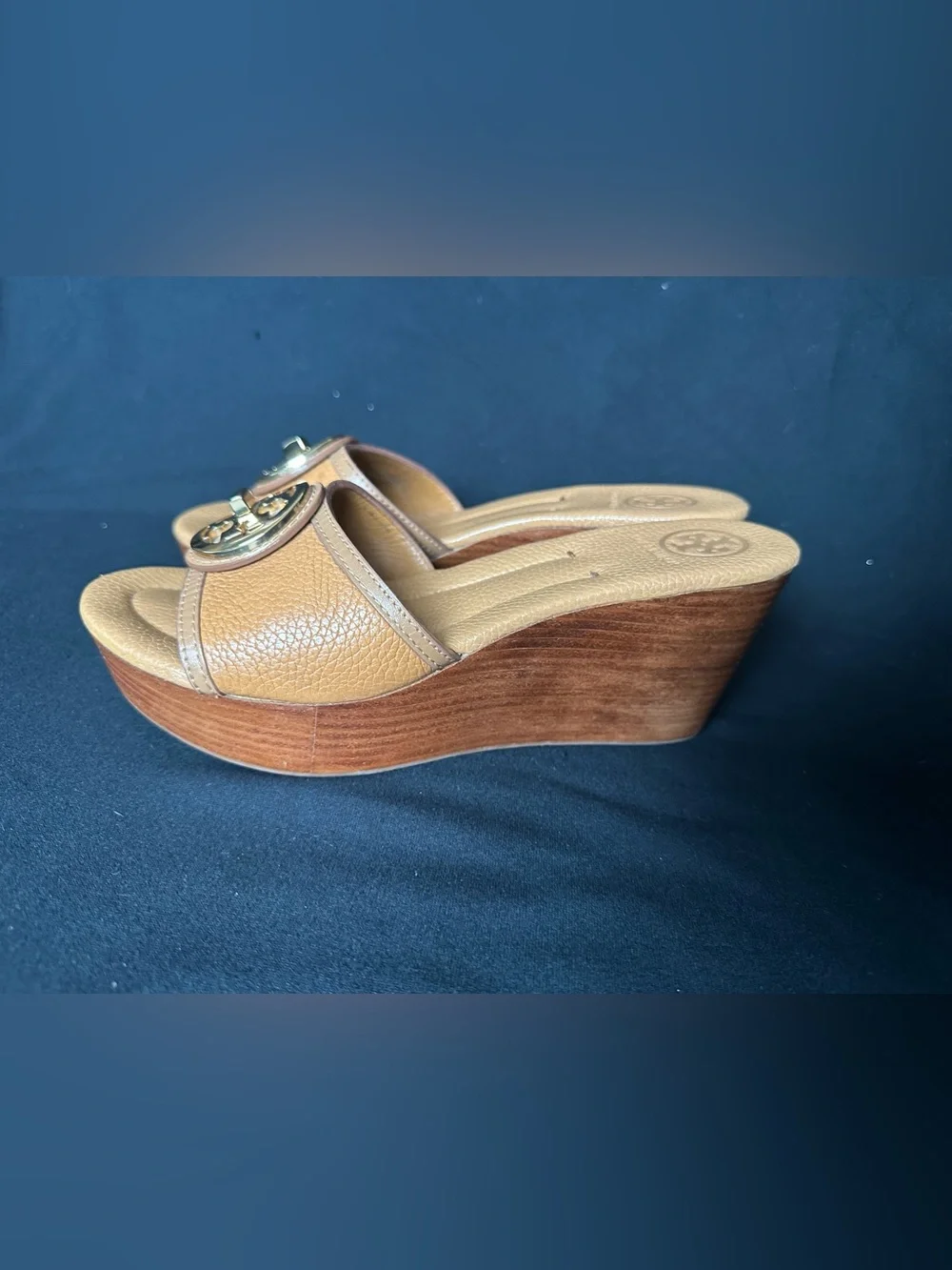 Tory Burch brown Tan Leather Brown Wedge Slide Mules with Gold Logo 8 sandals
